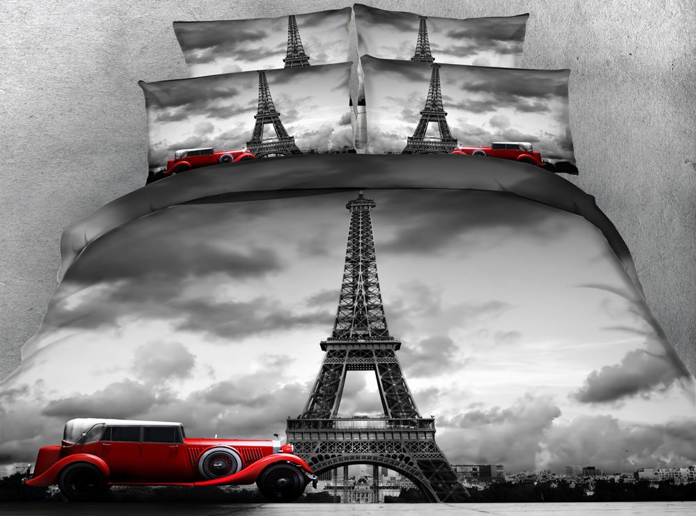 2020 3d Effel Tower Paris And Red Retro Car Bedding Quilt Cover