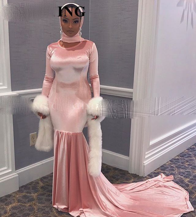 Muslim Pink Velvet Mermaid Long Sleeve 