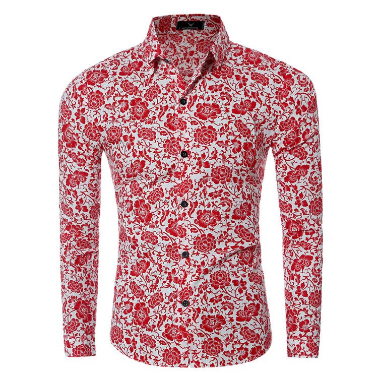 Men Shirt Long Sleeve Floral Men Dress 