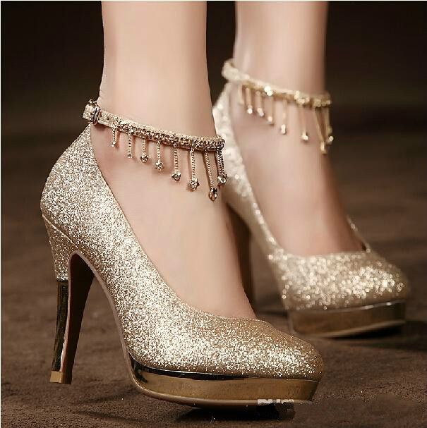 Salto alto dourado brilhante Clearance