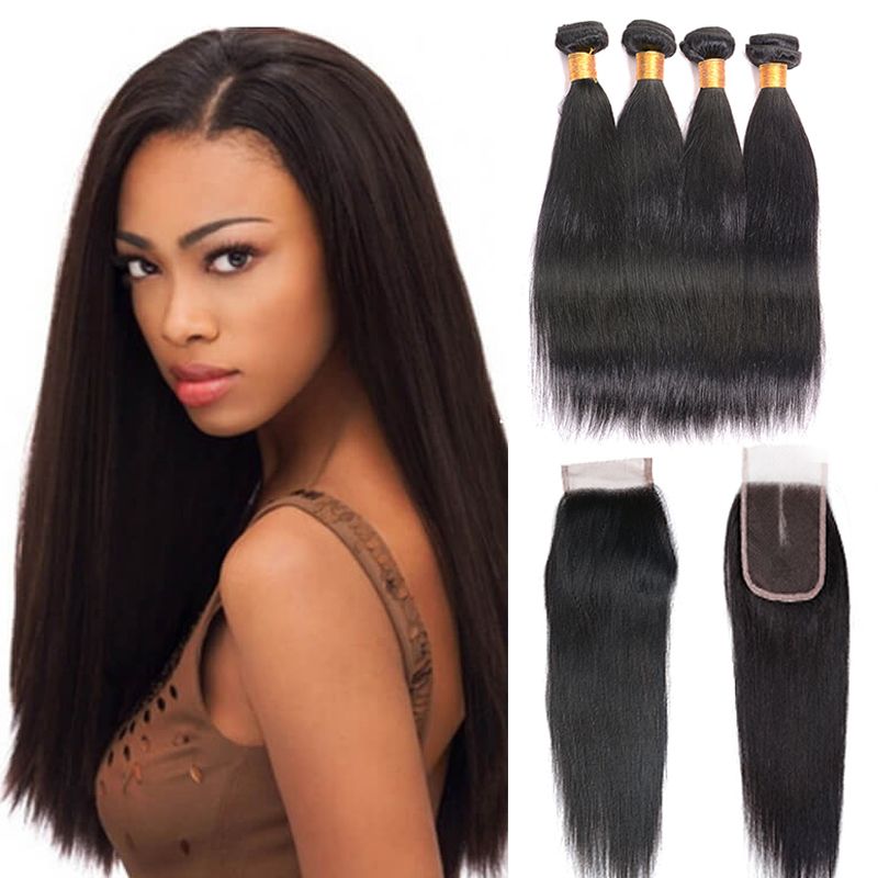 7a Grade Peruvian Hair Bundles With Closure Natural Color Straight