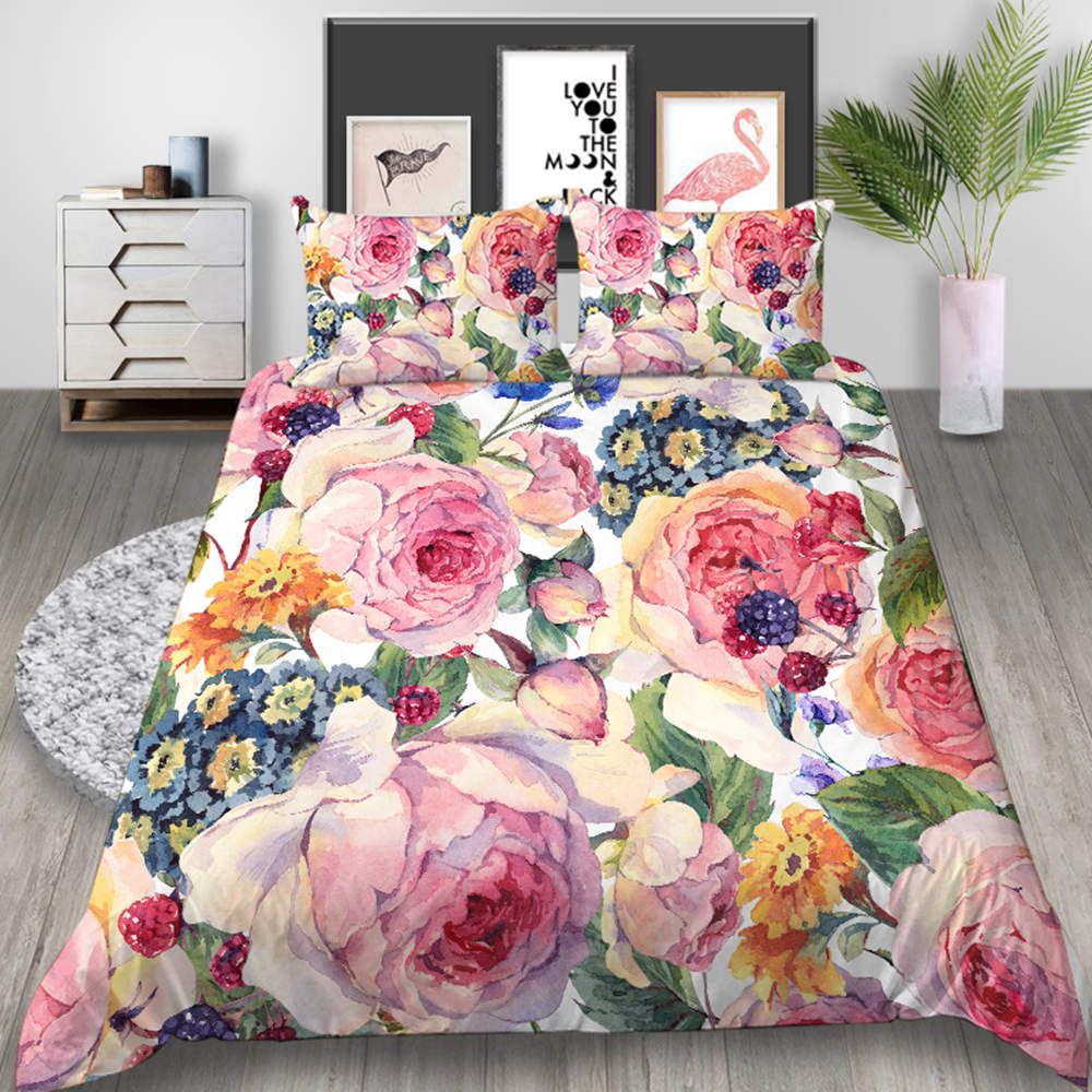 Watercolor Painted Bedding Set Country Style Flowers Berry 3d