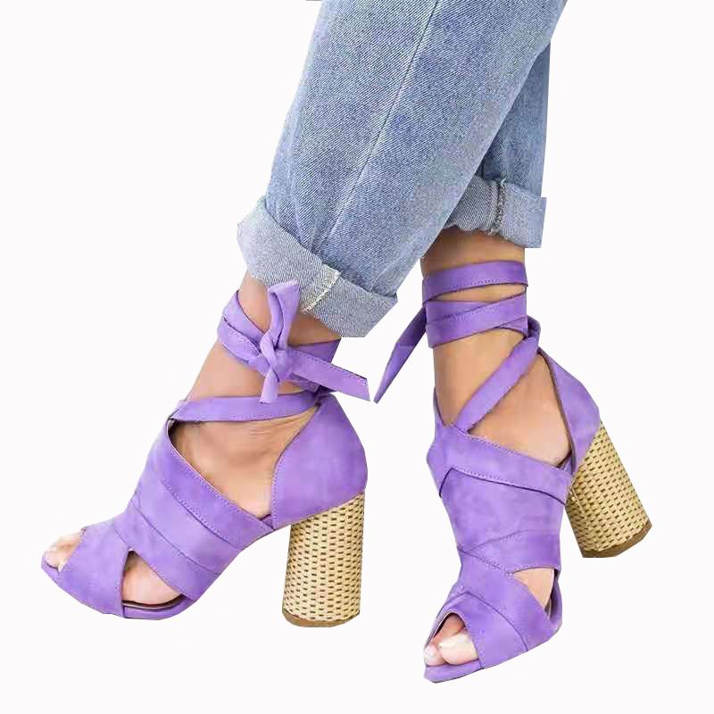Fashion Solid Suede Chunky Heel Casual Sandals Fish Mouth Roman Gladiator Sandalias Lace Up 