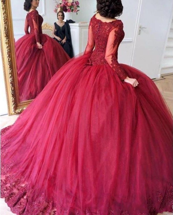 Vestidos De Pelota Rojo Oscuro Vestidos De Mangas De Encaje Tulle Dulce 16 Vestidos De De Quinceanera Vestidos De Quinceanera De 156,55 € | DHgate