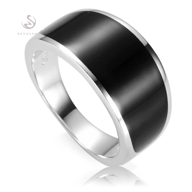 STERLING SILVER MENS RING SOLID 925 WITH BLACK ENAMEL NEW SIZE N Z++