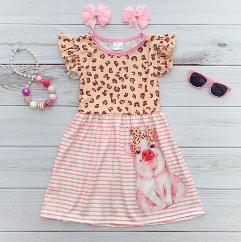 kids designer dress girls pink stripe leopard piggy boutique dress toddler baby girls summer clothes milk silk boutique outfits hot sale