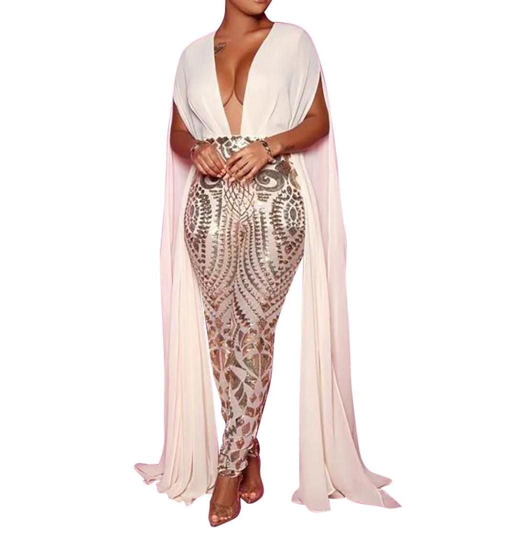 Women Sexy Glitter Transparent Jumpsuits Sheer Plunge Mesh Insert