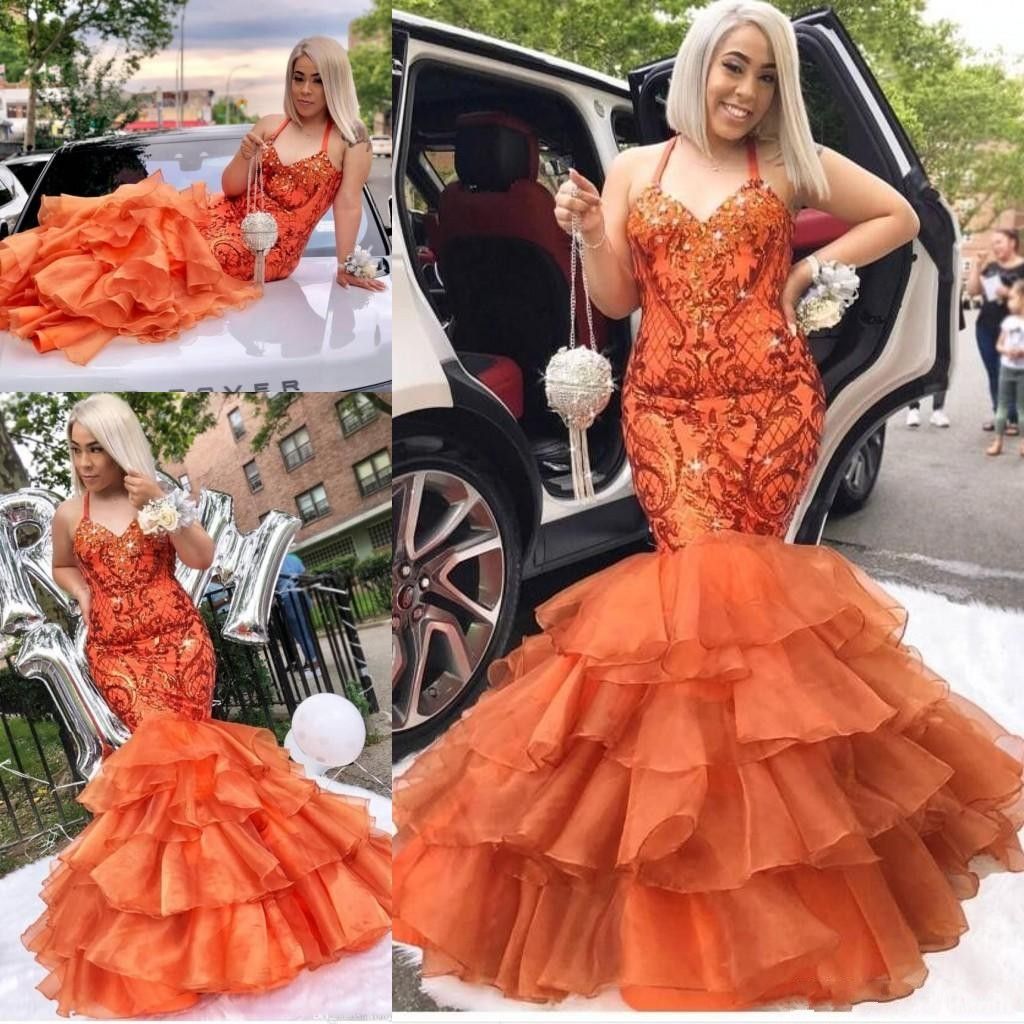 orange sequin prom dress
