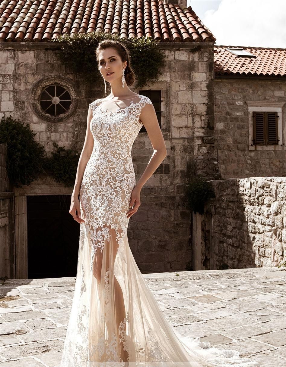 Discount Vintage Champagne Lace Mermaid Wedding Dresses Sheer Neck