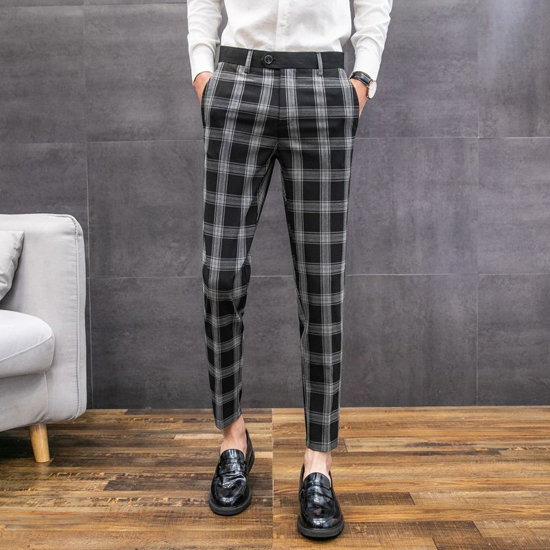 Pantalones de vestir ajustados a cuadros de estilo británico 2019 Pantalones a cuadros de verano Moda Pantalones de vestir ajustados a cuadros de estilo británico 2019 Pantalones a cuadros de verano Moda