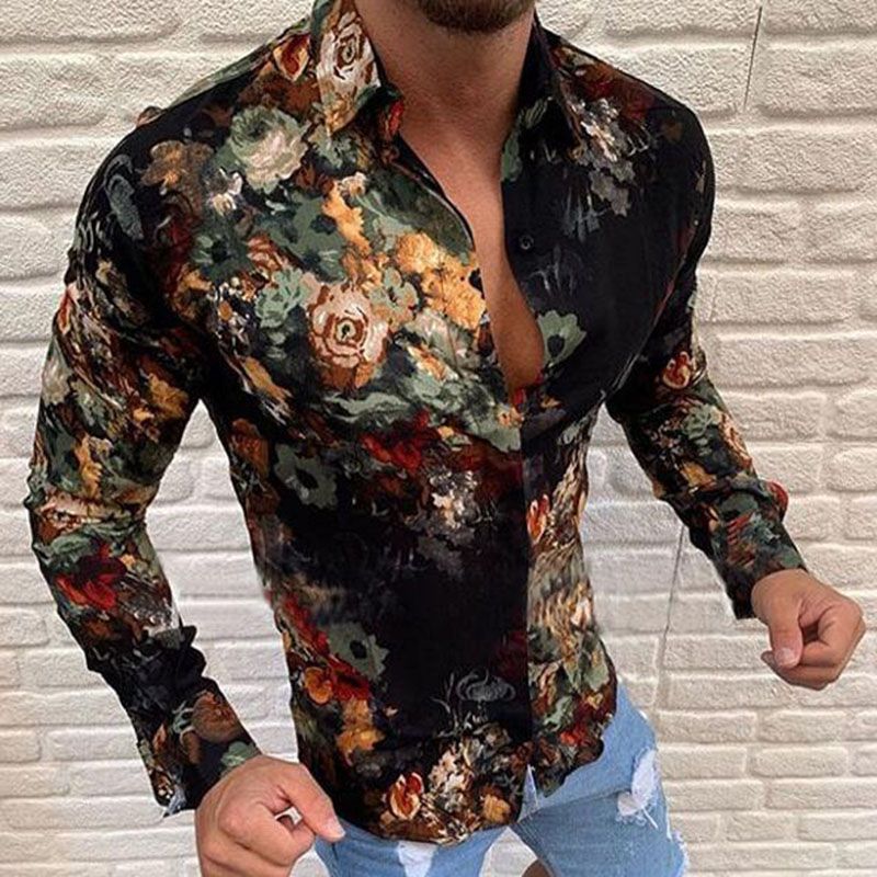 Mstyle Men Long Sleeve Slim Button Up Casual Shirts Flower Printed Shirt Top
