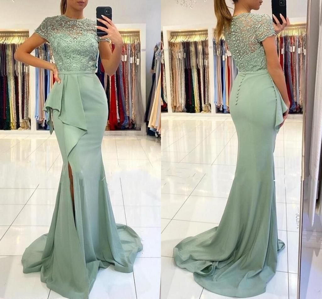 Elegant Mint Green Mermaid Prom Dresses Illusion Covered Button Side Split Satin Long Formal Dress With Lace Short Sleeves Evening Party Go From Loveweddingmade 79 55 Dhgate Com