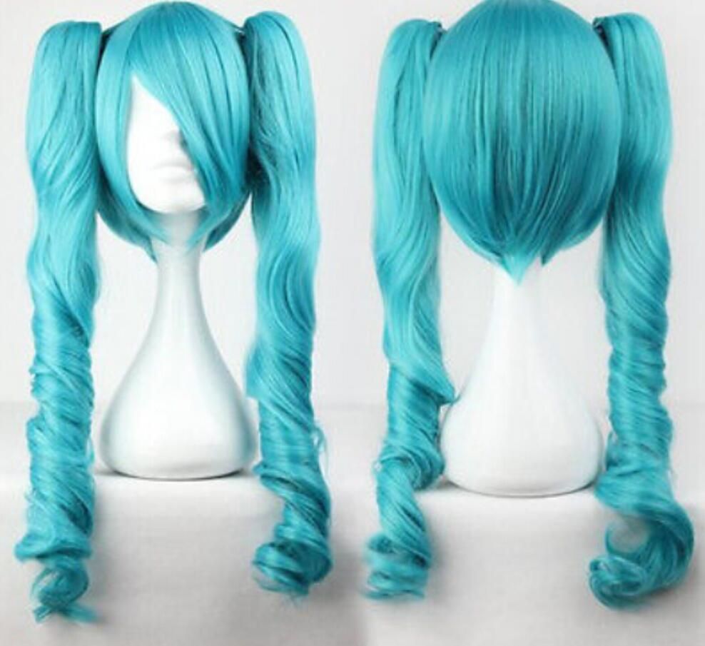 WIG NEW Vocaloid Hatsune Miku Two Tone Curly Ponytails Blue Full Cosplay Wig Hairspray On