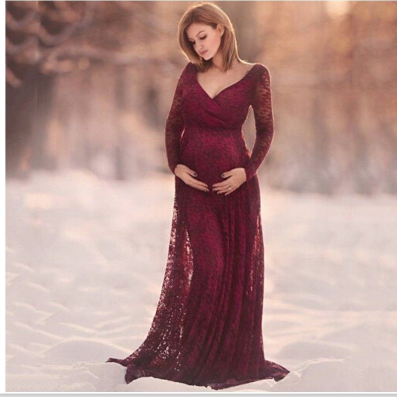 Borgoña encaje más tamaño manga larga con cuello con cuello elegante maternidad embarazada vestidos noche sexy barato largo fiesta de fiesta vestido de fiesta 2019