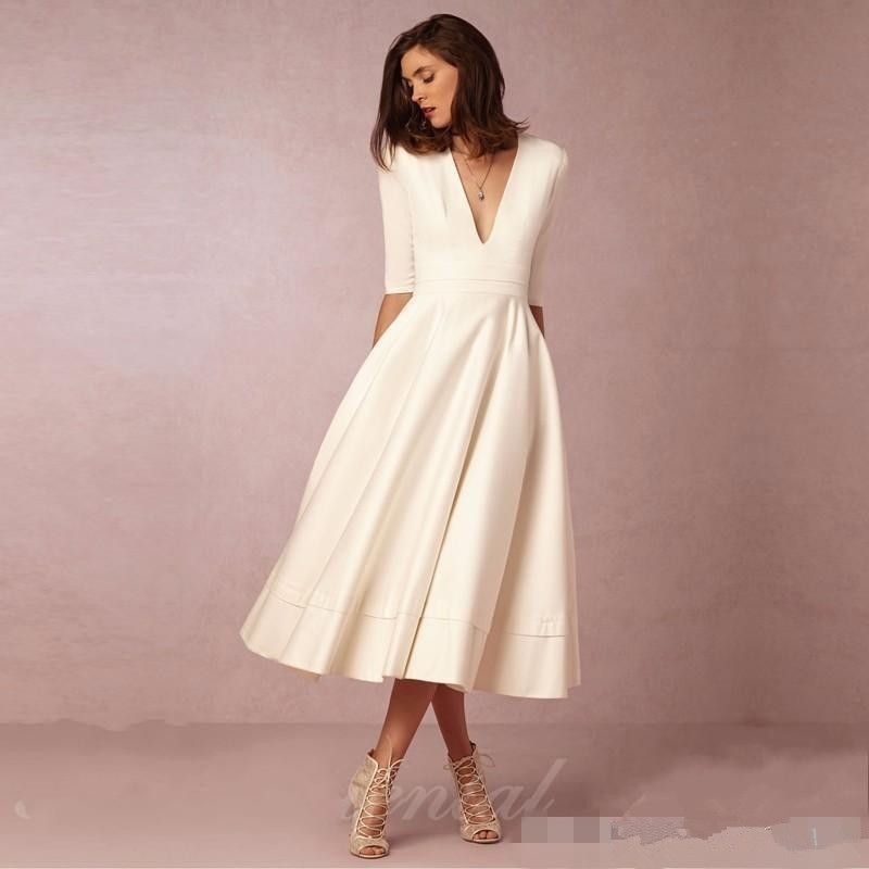 Discount Modest Plus Size Bohemian Beach A Line 1950 S Tea Length Half Sleeve Spring Wedding Dresses Short Bridal Gowns 2019 Vestido De Novia Second