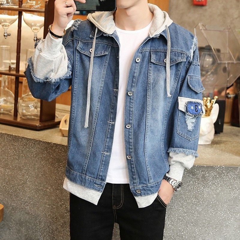 Mens Long Sleeve Sweatshirt Patchwork Denim Hooded Jackets Hole Ripped Punk  Fashion Casual Male Outerwear Coat Loose Big Size From Candycloth, $47.03 |  DHgate.Com