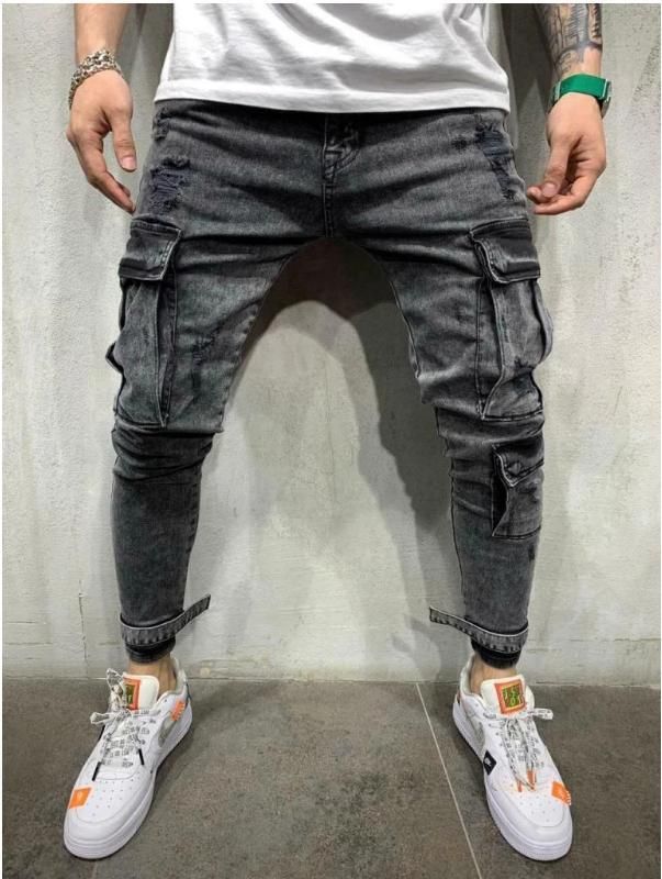 Pantalones rotos motorista Jean para hombre Negro 2020 pantalones vaqueros del diseñador de Primavera bolsillos