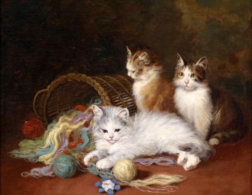 Pintado a mano la pintura al óleo animales preciosos gatitos gatos Misión línea cesta de