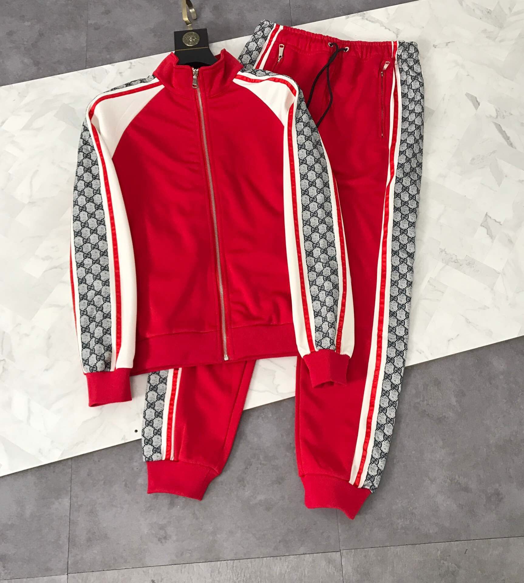 all red jogging suit