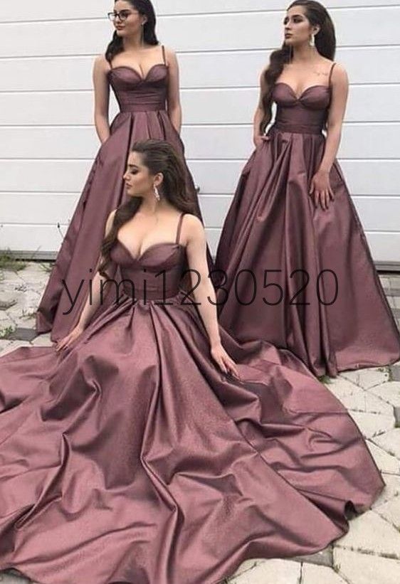 Compra Vestidos De Dama De Honor De Satén De Chocolate 2020 Espaguetis  Bolsillos De Barrido Tren Largo Jardín País Boda Huésped Vestidos De Bairm  Of Honor Vestido Barato | Entrega Rápida Y
