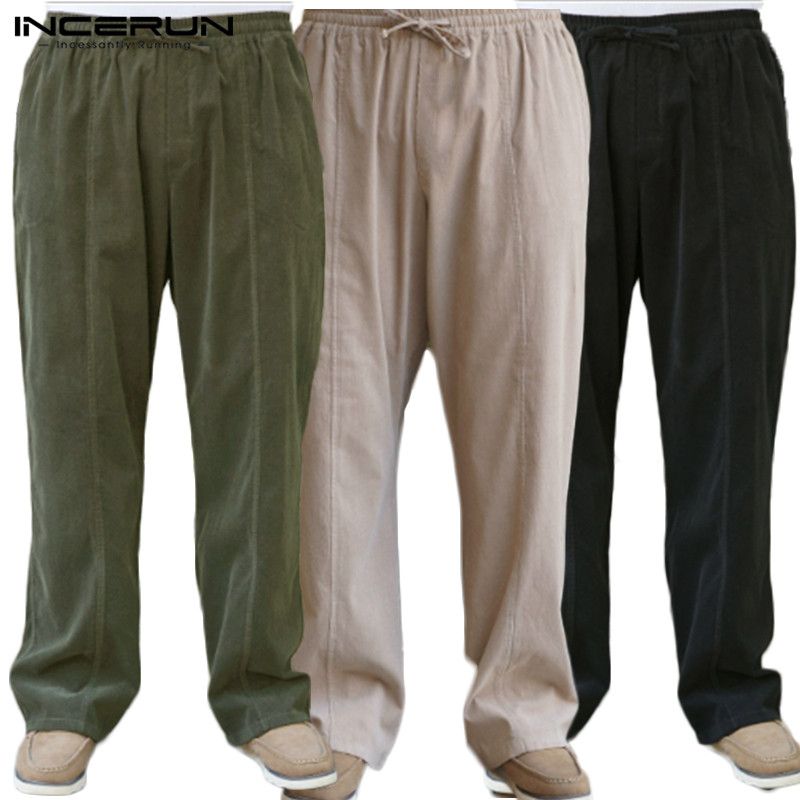 Men Linen Cotton Blend Loose Waist Elastic Straight Leg Casual Oversize Pants