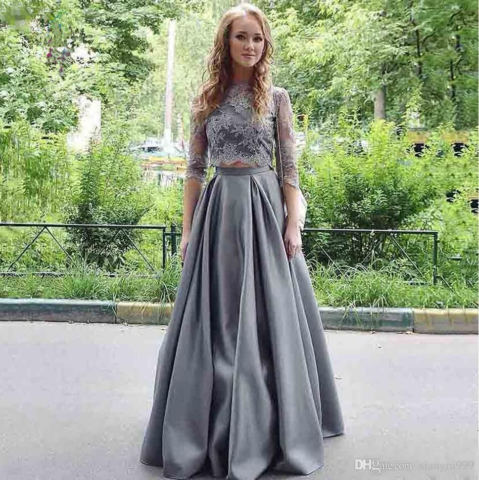 grey satin prom dress