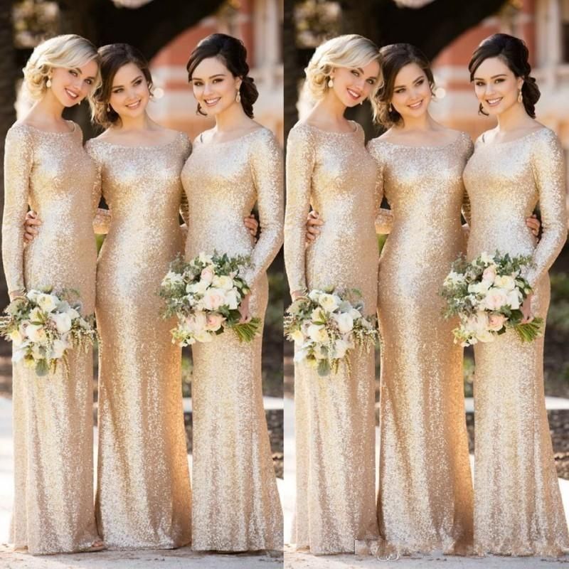 Sparkly Gold Sequins Bridesmaid Dresses Long Sleeves Scoop