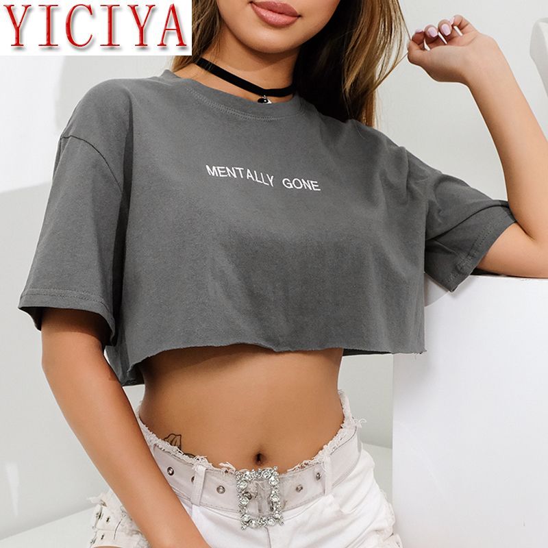Casual Embroidery Letter Crop Tops T 