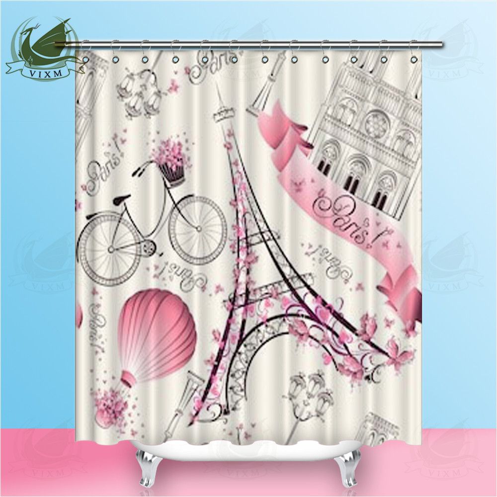 Vintage Shower Curtain Paris Eiffel Tower View Print for Bathroom