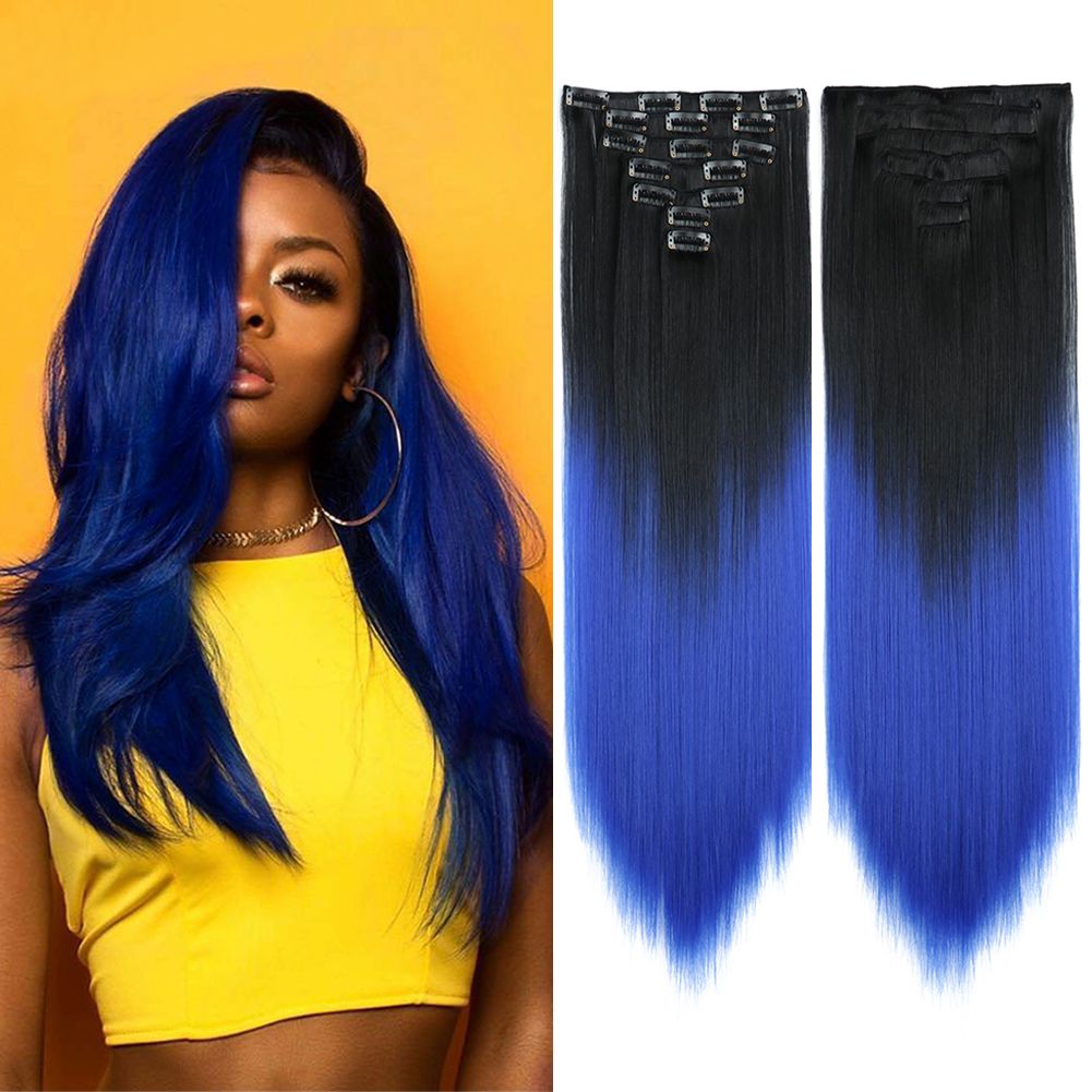 Ombre Straight Hair Blue Clip in Hair Extensions Blue Silk Straight Wave 7Pcs Thick Double Weft Full Head Synthetic Hairpiece Ombre Straight Hair Blue Clip in Hair Extensions Blue Silk Straight Wave 7Pcs Thick Double Weft Full Head Synthetic Hairpiece
