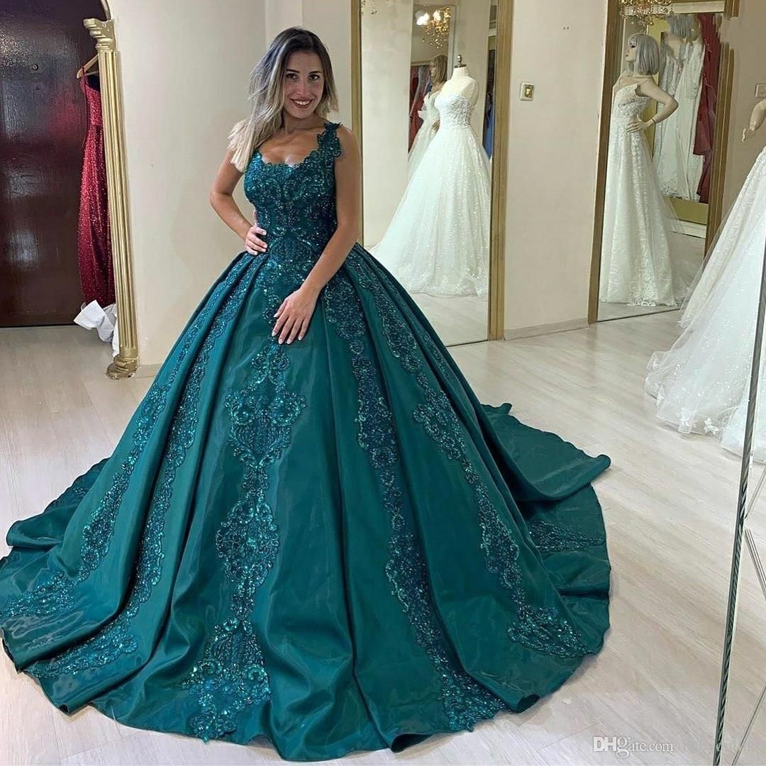 Modest Teal Beaded Lace Ball Gown 