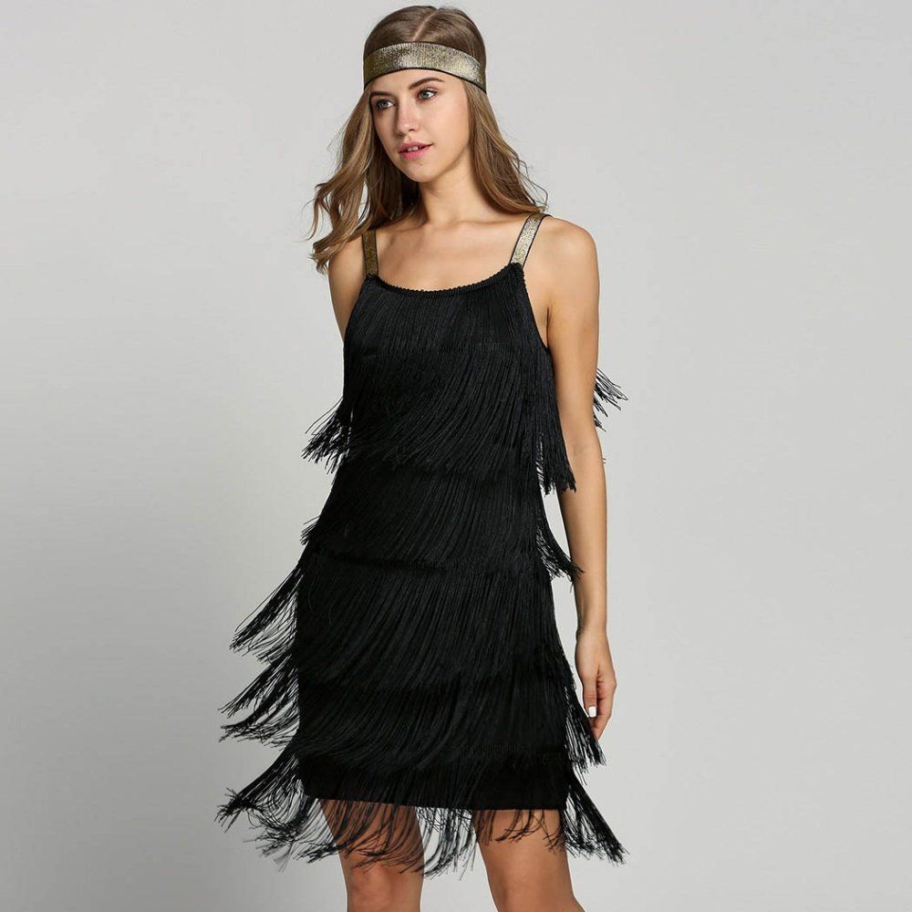 Compra Vestidos De Época Vestido 1920 Chica De La Aleta Fantasía Grandes  Trajes Del Vestido De La Raya Vertical Gatsby Cuello Con Tiras De La Franja  De Oscilación Del Partido Del Vestido