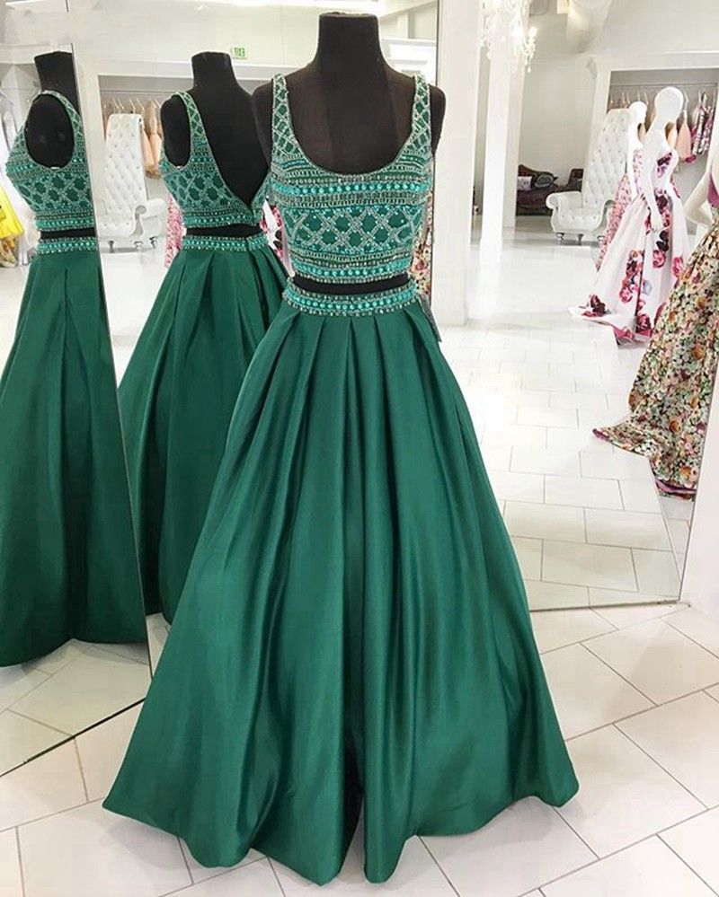 Emerald Green Satin Prom Dresses Homecoming Beading Crystal V Open Back ...