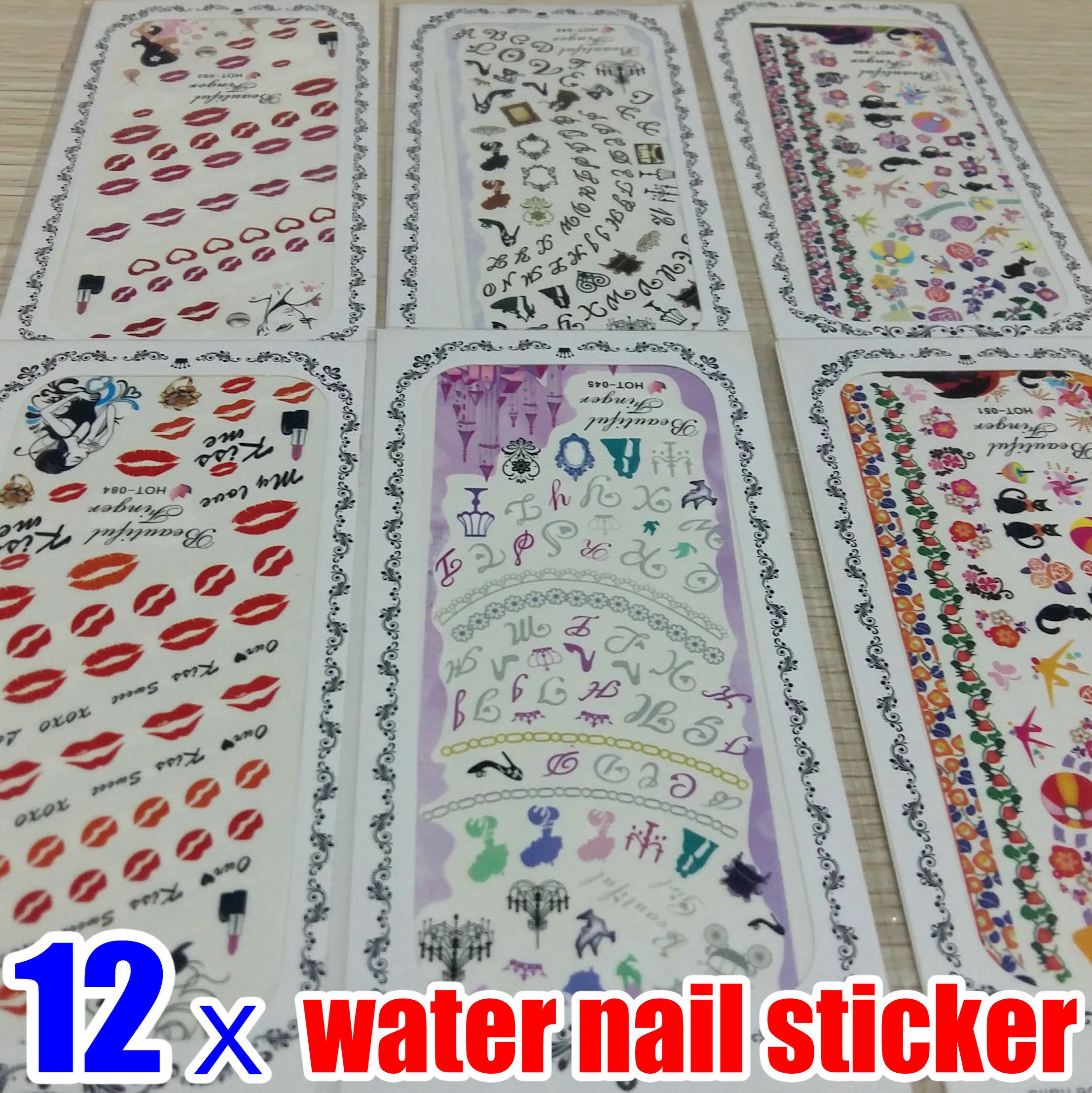 12pcs Nail Art Water Transfer Sticker Decals Cute Cat Kiss Love Flowers  Flower Letter Eidolon Anime