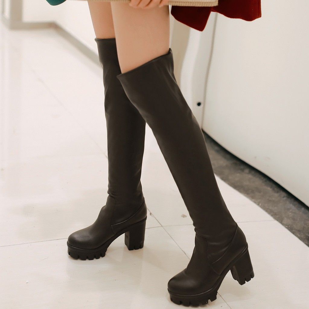 thigh high boots with short heel