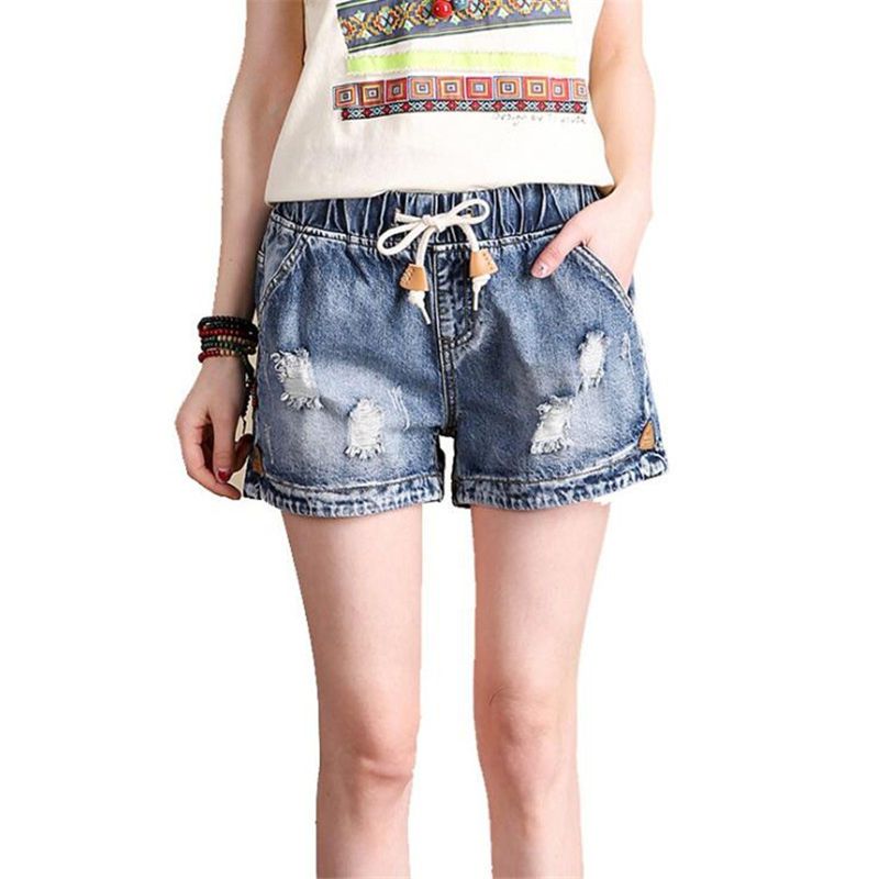 elastic waist ripped denim shorts