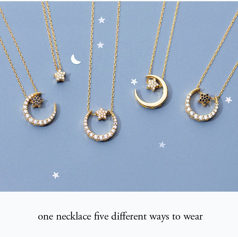 925 Sterling Silver Charm Necklace New Moon With Blue Star CZ Chain Girl Jewelry