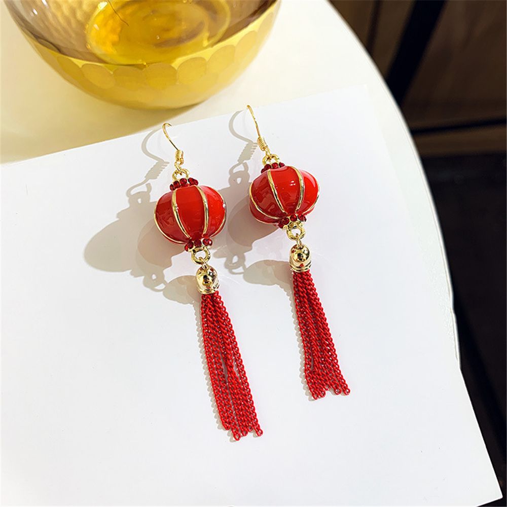 Traditional Chinese Red Lantern Knot Fish Carp Long Tassel Earrings For