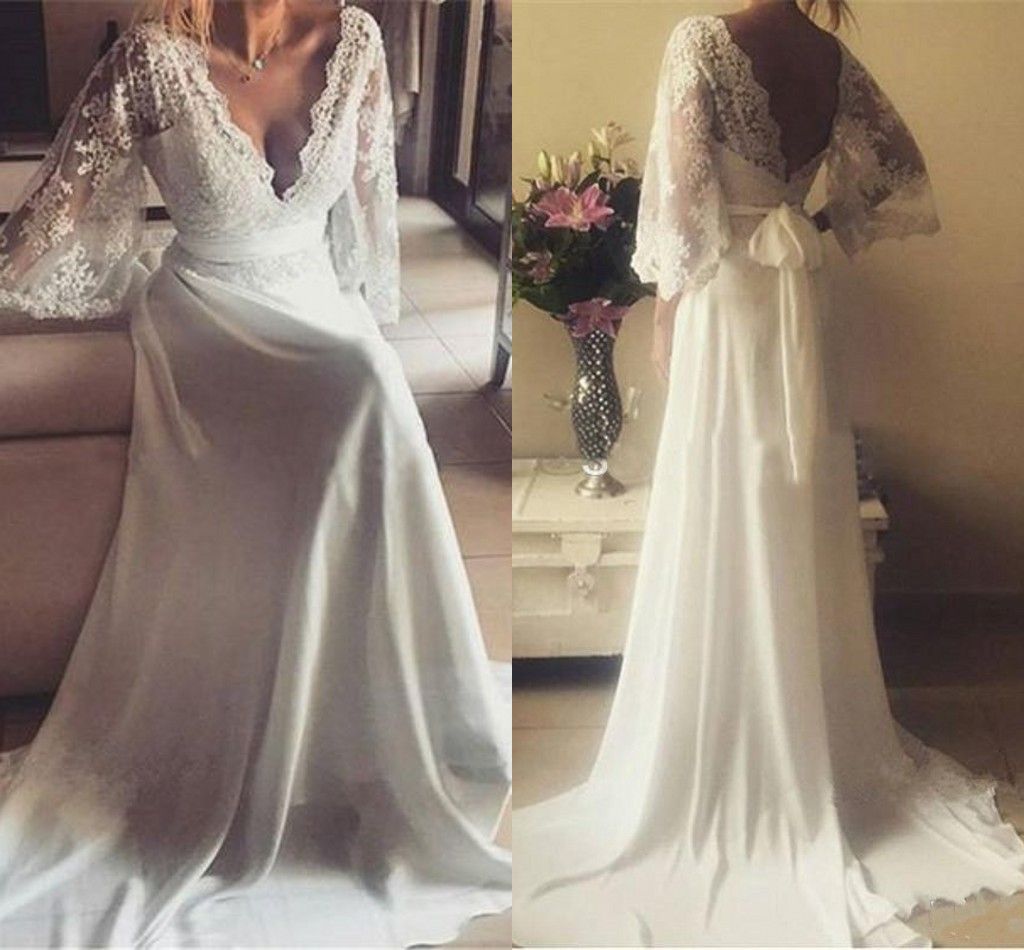 Elegant Juliet Lace Long Sleeves Wedding Dresses V Neck Chiffon Ruched
