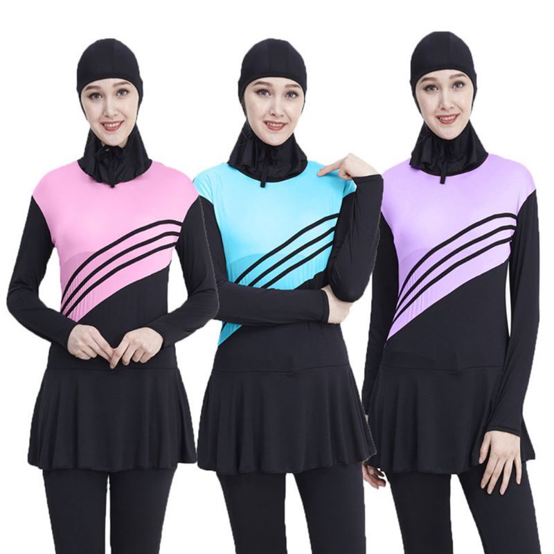 2020 Womens Girls Plus Size Muslim Islamic Modest Swimsuit One Piece Jumpsuit Color Block Stripes High Neck Bathing Suit With Hijab From Vanilla03 26 94 Dhgate Com