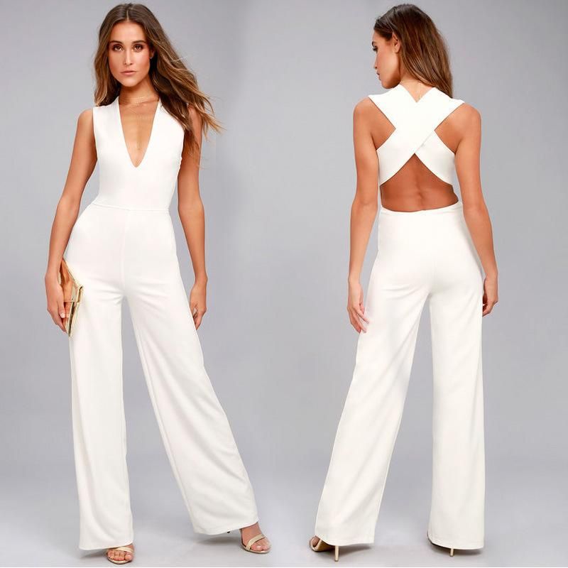 Korting Witte Casual Mode Vrouw Kleding Zomer Jumpsuit Wijd Been Jumpsuits  Backless V Nek Lichaam Feminino Rompertjes Dames Jumpsuit Uit China |Dhgate