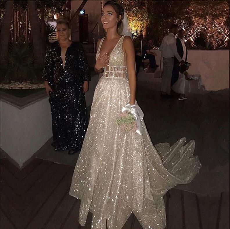 Compra Una Línea De Vestidos De Novia Brillante Blanco Lentejuelas Sin  Respaldo Boho Brillo Boda Vestidos De Novia Robe De Soirée Barato | Entrega  Rápida Y Calidad | Es.Dhgate