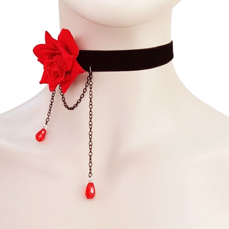 Red lace and rhinestone pendant neck collar