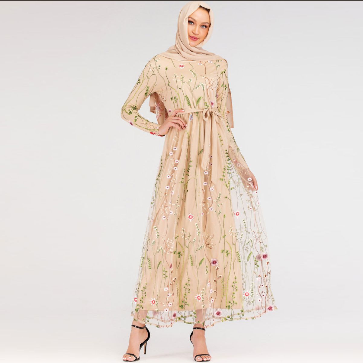 long sleeve floral embroidered dress