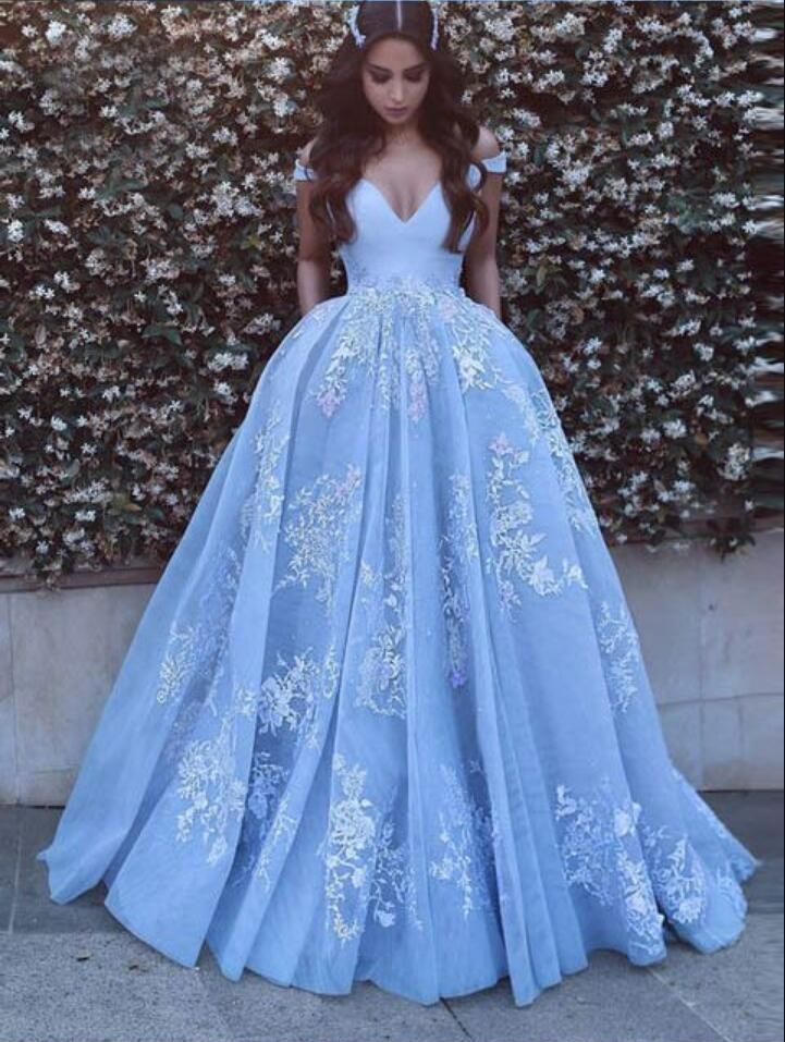 Zending Geboorte geven Open Mooie baby blauwe prom jurken met kant appliques uit de schoudervloer lengte elegante formele feestjurken Zending Geboorte geven Open Mooie baby blauwe prom jurken met kant appliques uit de schoudervloer lengte elegante formele feestjurken