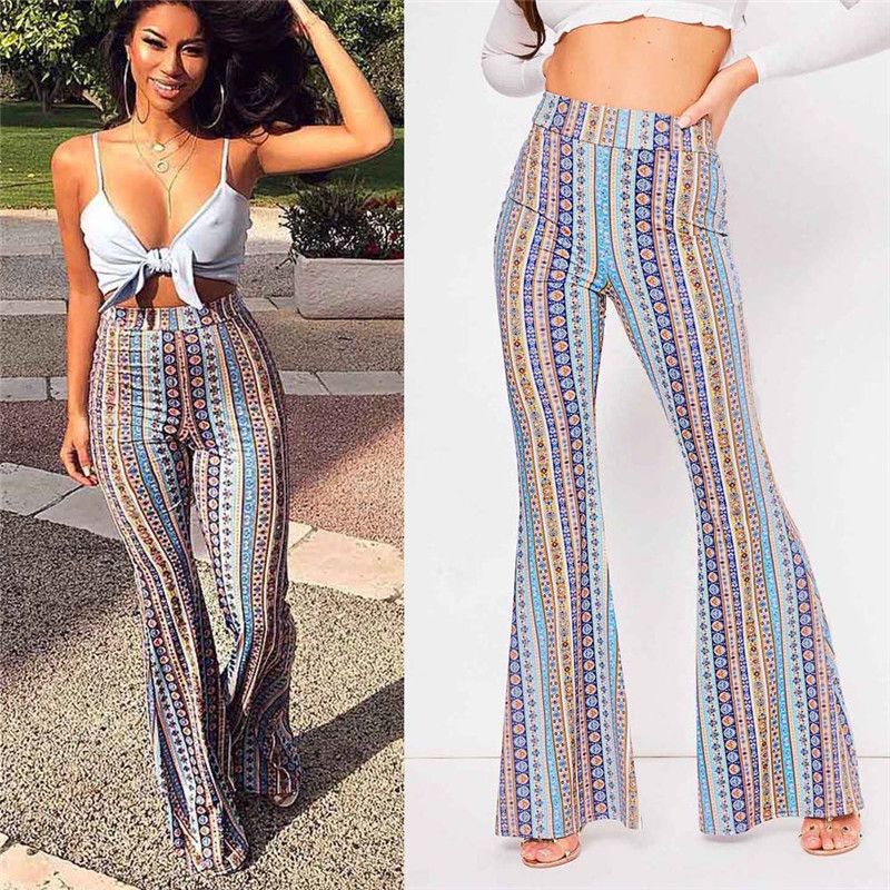 Boho Flare Pantalones Mujeres Rayas Impresas NUEVA Cintura altas Vintage Estilo suave Estilo étnico Campana