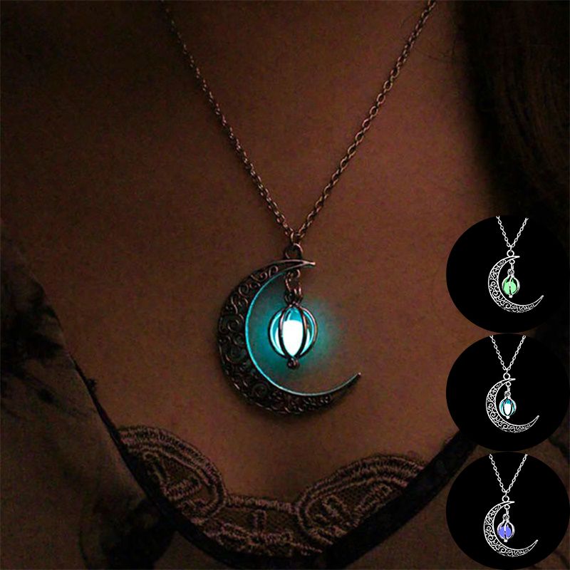 Fashion Women Vintage Silver Water Drop Glow In Dark Pendant Luminous Necklace