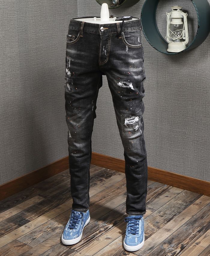 New Black Damage Jeans Men Popular 