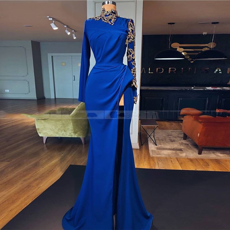 Saudi Arabic High Neck Long Sleeves Muslim Evening Dress Royal Blue