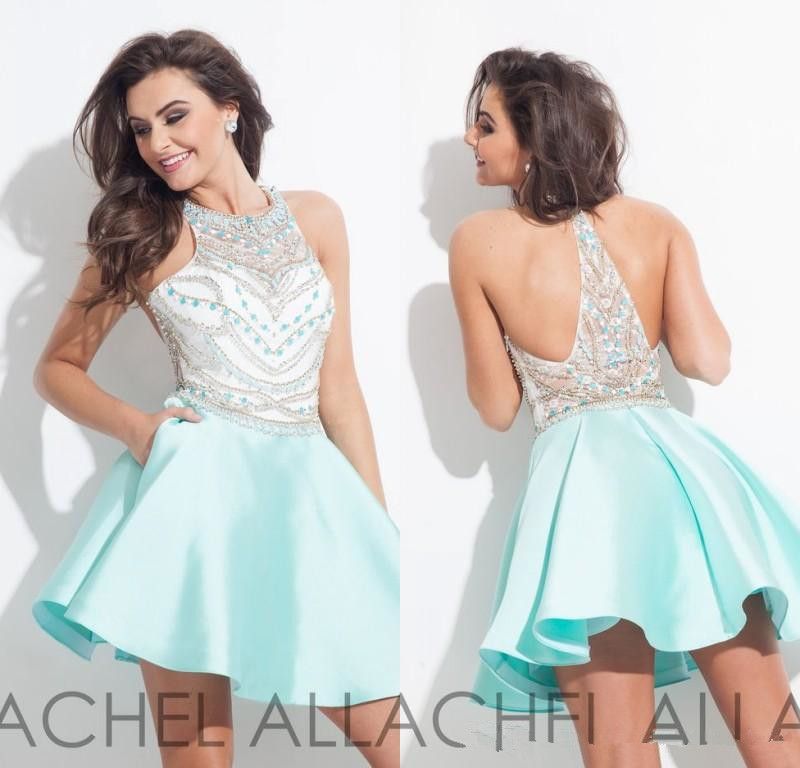 Compre Rachel Allan 2019 Sequin Mint Vestidos Cortos Para Fiesta De Graduación Halter Con Cuentas Una Línea Cristales Chispeantes Abalorios Encaje Blanco Volver Sexy Vestidos De Regreso A Casa A 92,76 €
